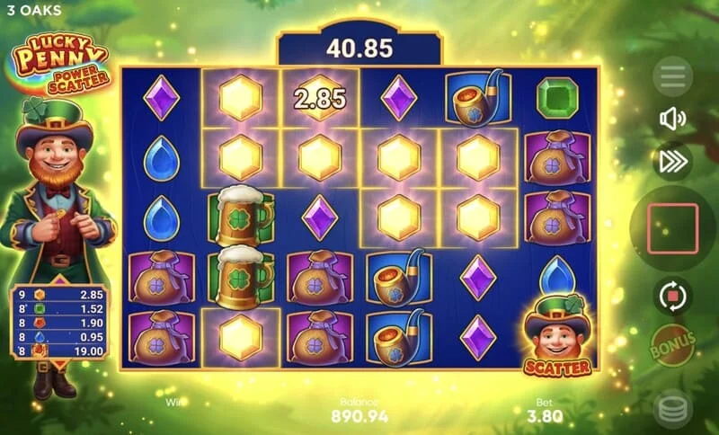 Lucky Penny Power Scatter - basisspel met watervalverdwijningen en cumulatieve vermenigvuldiger
